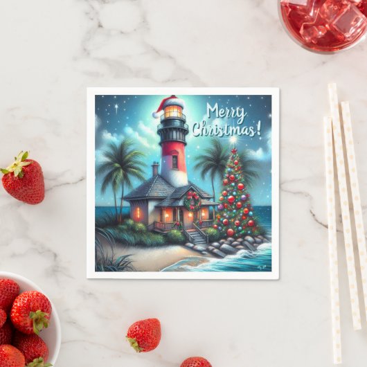 Serviette En Papier Whimsical Tropical Christmas Lighthouse Turquoise  (En situation)