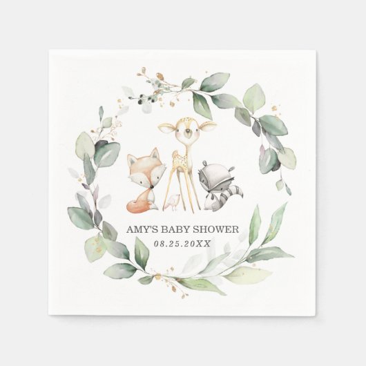 Serviette En Papier Whimsical Woodland Animaux Baby shower verdoyant (Devant)