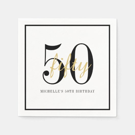 Serviette En Papier White 50th Birthday Party Black Gold Chic (Devant)