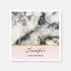 Serviette En Papier White Gray Marble with Gold Ribbon