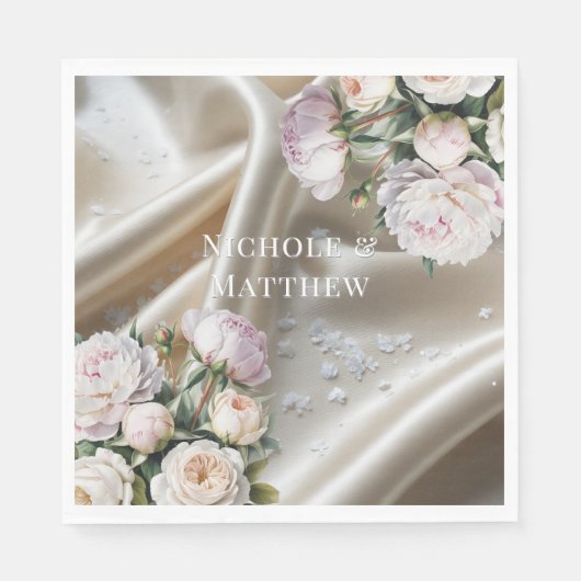 Serviette En Papier White Satin with Roses and Peony Wedding (Devant)