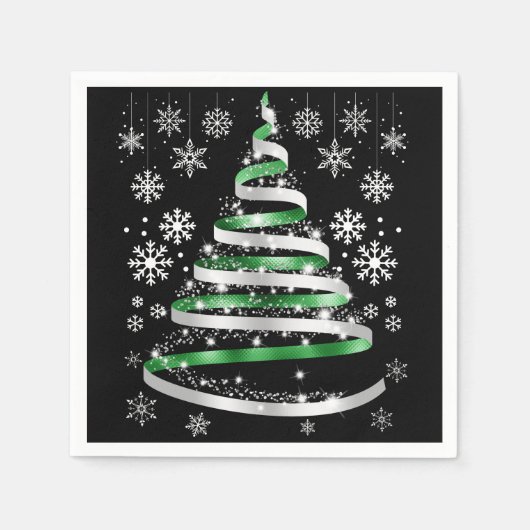Serviette En Papier White Snowflake Silver Green Ribbon Christmas Tree (Devant)
