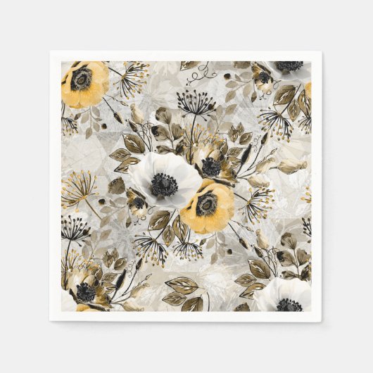 Serviette En Papier White, yellow anemones on a gray-brown background. (Devant)