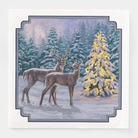 Serviette En Papier Whitetail Deer & Christmas Tree Scene hivernale (Devant)