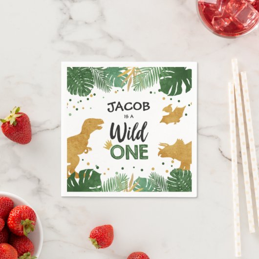 Serviette En Papier Wild One Gold Dinosaur Garçon Anniversaire Safari (En situation)