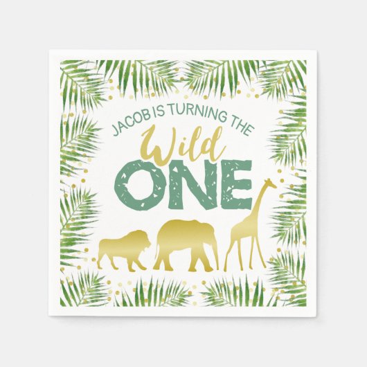 Serviette En Papier Wild One Gold & Green Safari Animaux 1er anniversa (Devant)