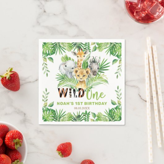 Serviette En Papier Wild One Jungle Animaux Verdure 1er anniversaire (En situation)