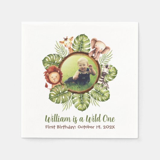 Serviette En Papier Wild One Photo Jungle Animaux Feuilles 1er anniver (Devant)