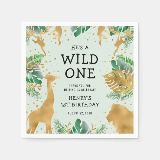 Serviette En Papier Wild One Safari 1er anniversaire fête verte (Devant)