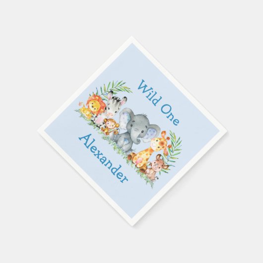 Serviette En Papier Wild One Safari Animaux 1er Anniversaire Bleu (Coin)