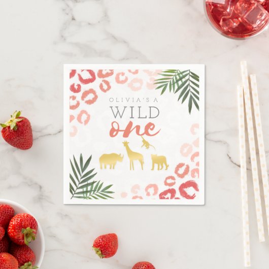 Serviette En Papier Wild One Safari rose et or 1er anniversaire (En situation)