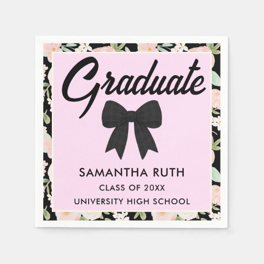 Serviette En Papier Wildflower Black Gingham Bow Graduation Party (Devant)