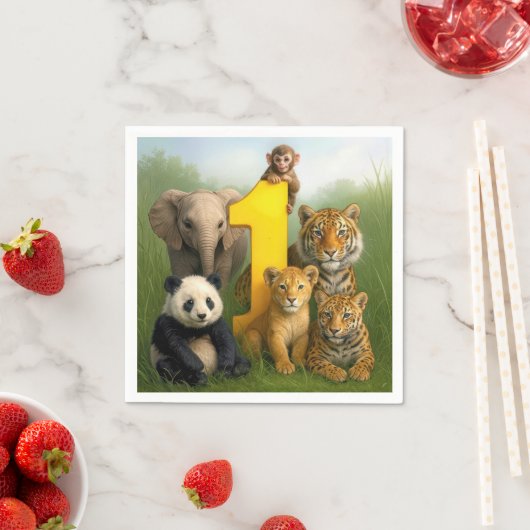 Serviette En Papier Wildlife Animal Babies With a Number One (En situation)
