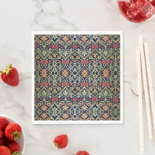 Serviette En Papier William Morris Fleurs Feuillage Vert Jaune Rouge R (En situation)