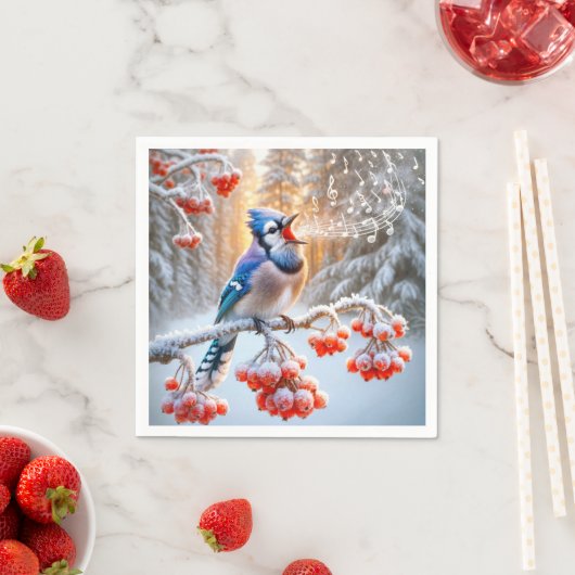 Serviette En Papier Winter Blue Jay chantant sur un Berry Tree rouge (En situation)