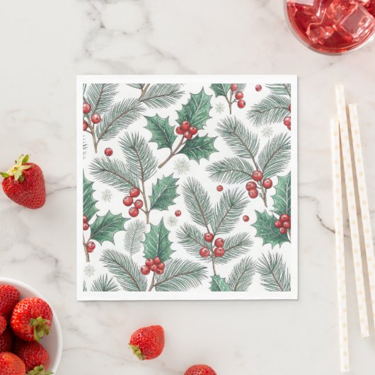 Serviette En Papier Winter Cherries Christmas Holiday Pattern (En situation)