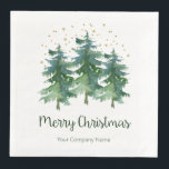 Serviette En Papier Winter Forest Merry Christmas Company<br><div class="desc">Ces serviettes de dîner festives avec des pins aquarelles d'hiver, des étoiles dorées et des confettis qui disent "Joyeux Noël !" en vert et dont le nom de votre entreprise est parfait pour l'utilisation lors de la célébration des vacances avec les employés et les clients. Ils ajouteront une ambiance festive...</div>
