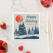 Serviette En Papier Winter Landscape Forest Moon Navy Blue Drawing  (En situation)
