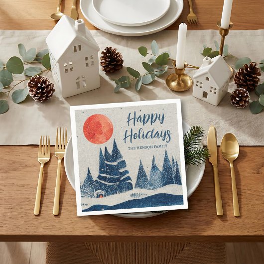 Serviette En Papier Winter Landscape Forest Moon Navy Blue Drawing 