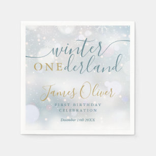 Serviette En Papier Winter Onederland 1er Anniversaire Bleu Et Or