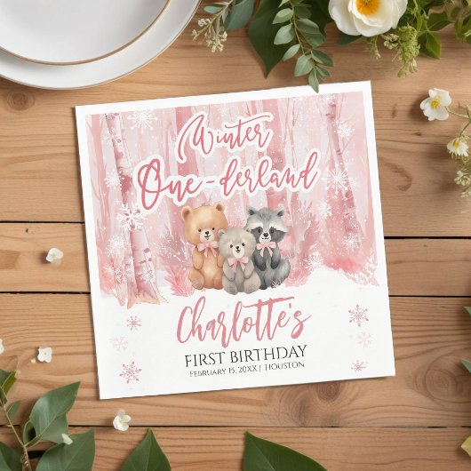 Serviette En Papier Winter Onederland Bear Pink First Birthday Party