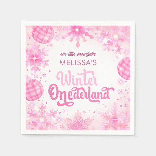 Serviette En Papier Winter Onederland Pink Snowflakes Fille d'annivers (Devant)