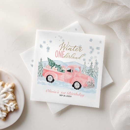 Serviette En Papier Winter Onederland Pink Truck First Birthday