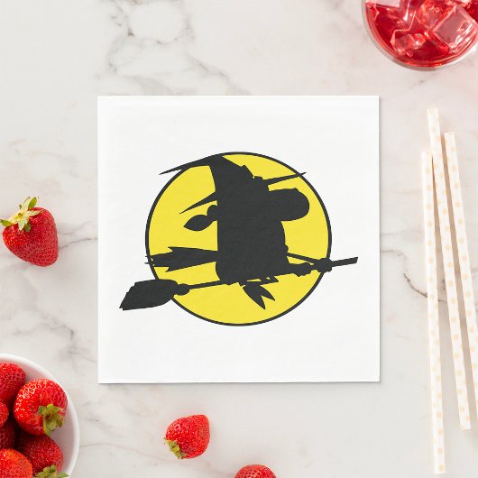 Serviette En Papier Witch Silhouette Flying on Broom Against Full Moon