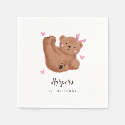 Serviette En Papier Woodland Bear thème Fille fête d'anniversaire (Devant)