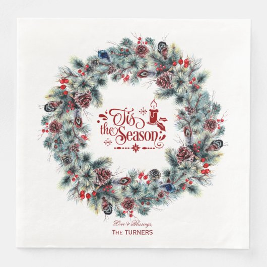 Serviette En Papier Wreath 'Tis Season Monogramme (Devant)