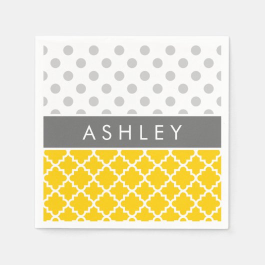 Serviette En Papier Yellow Quatrefoil and Grey Polka Dot Pattern (Devant)