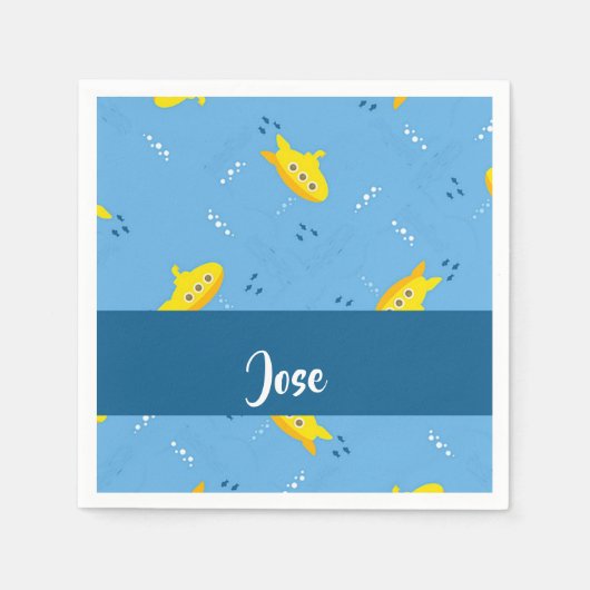 Serviette En Papier Yellow submarine and fish on blue (Devant)