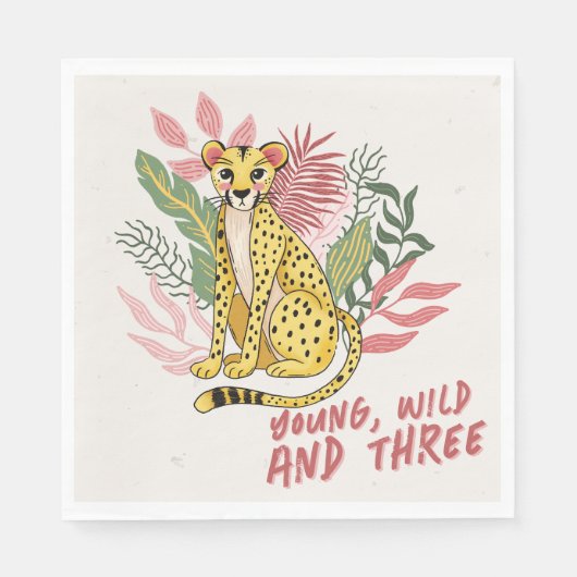 Serviette En Papier Young Wild Three Pink Cheetah Kids Birthday Party (Devant)