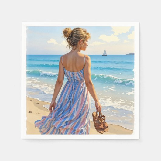 Serviette En Papier Young Woman On the Beach Looking At Sailboats (Devant)