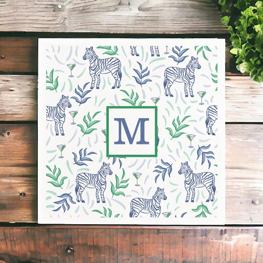 Serviette En Papier Zèbres Navy Prépa Martini Monogramme Blanc 