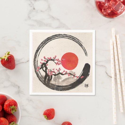 Serviette En Papier Zen Enso Circle et Sakura Tree (En situation)