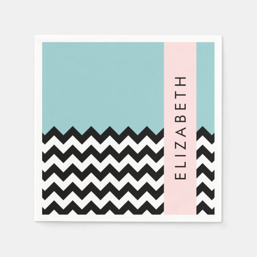 Serviette En Papier Zigzag noir et blanc, Chevron, Bleu, Votre nom (Devant)