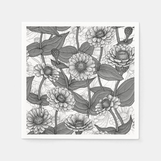 Serviette En Papier Zinnias, monochrome sur blanc (Devant)