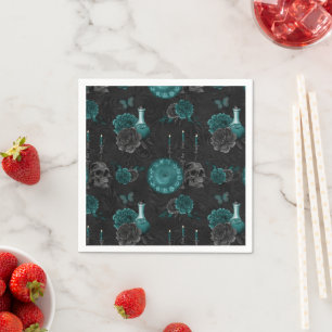 Serviette En Papier Zodiac Magie   Turquoise foncé vert crâne gothique