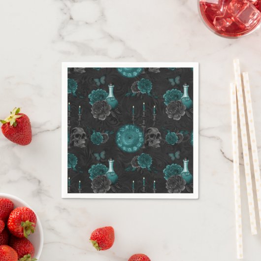 Serviette En Papier Zodiac Magie | Turquoise foncé vert crâne gothique (En situation)