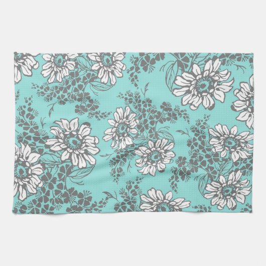 Serviette florale grise de tissu de cuisine d'Aqua (Horizontal)