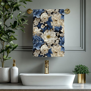Serviette florale opulente bleu marine ivoire or