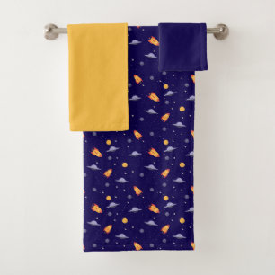 Serviette motif planètes étoiles bleu jaune