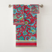 Serviette Oiseaux, Florales, Bleus, Rouge, Lime Pâ (En situation)