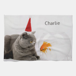 Serviette personnalisée avec nom de chat et poisso