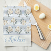 Serviette personnalisée vintage bleu blanc rayures (Quart Plié)