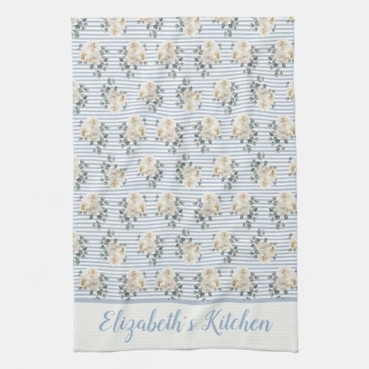 Serviette personnalisée vintage bleu blanc rayures (Vertical)