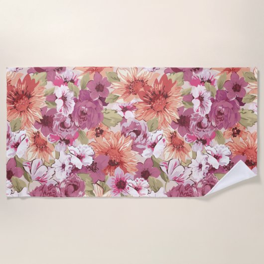 Serviette Plage Florale Violet Mauve Peach (Devant)
