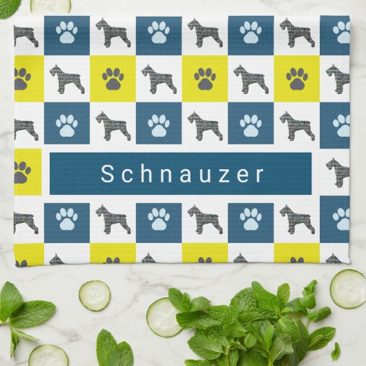 Serviette Schnauzer Chien & Paw Yellow & Blue Grid (Plié)