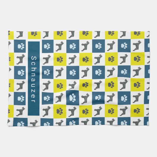 Serviette Schnauzer Chien & Paw Yellow & Blue Grid (Horizontal)
